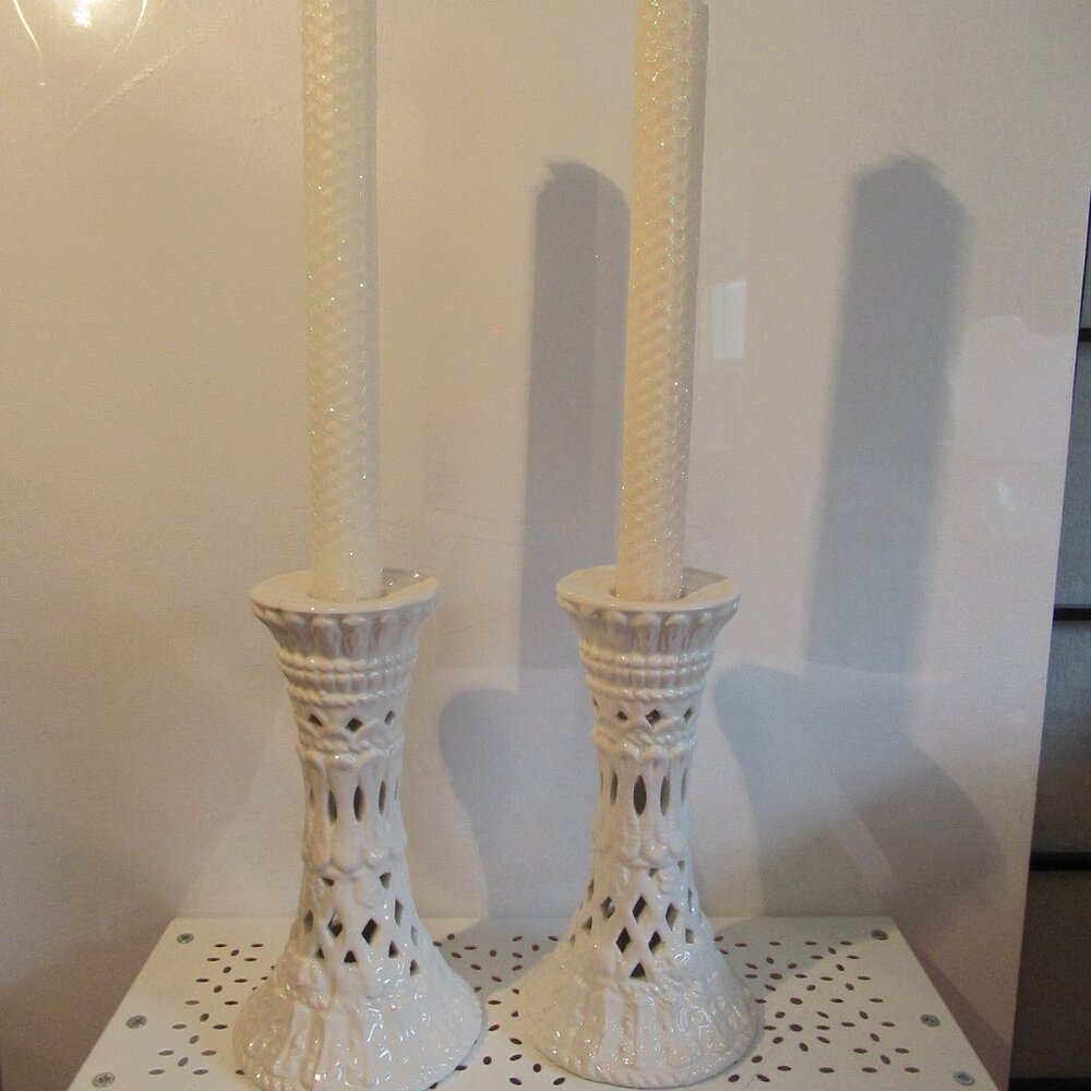 Vintage, Creamware, Filigree Candlesticks. Off White/Cream colour. 6.5"
